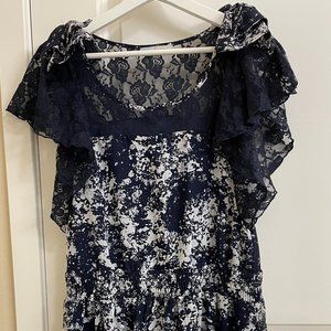 Navy and white modern pattern dress with lace and